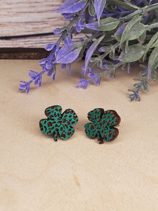 Leopard Print Shamrock Wood Studs Set of 5